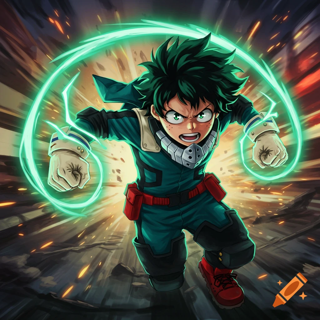 An anime character, Izuku Midoriya from My Hero Academia, in a green superhero suit, charging forward with green energy radiating from his fists.