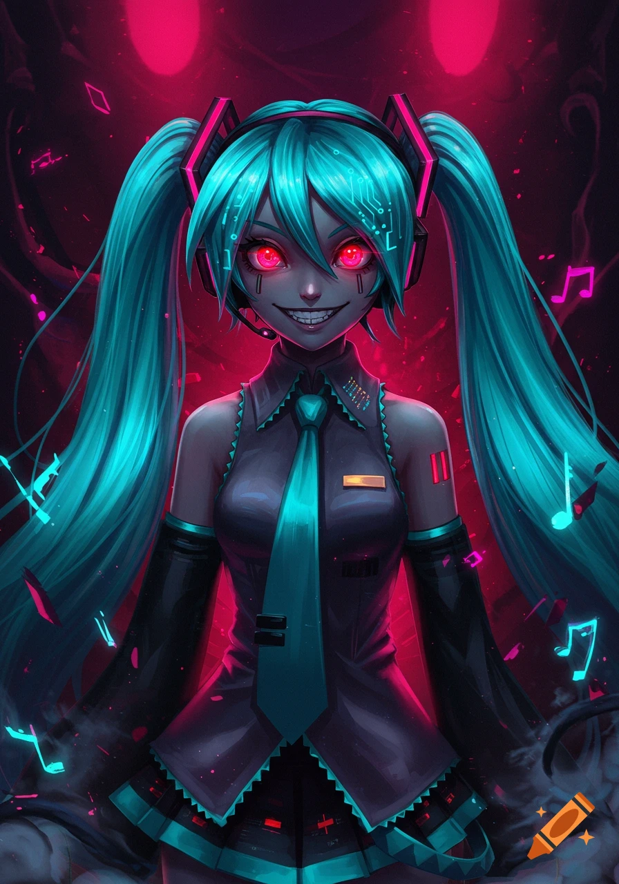 An evil-looking anime character resembling Hatsune Miku with bright red eyes and sharp teeth, wearing a dark futuristic outfit with circuit patterns, against a dark background with pink neon light elements.