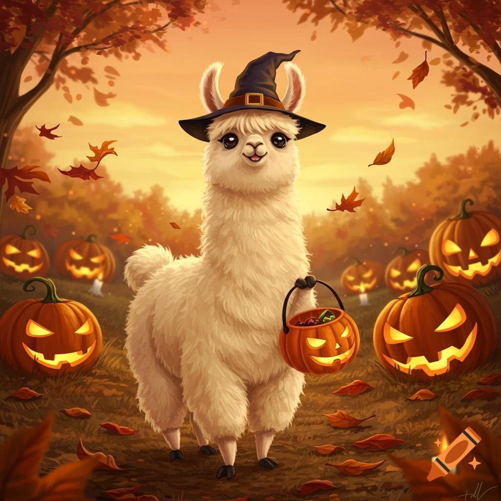 A cute white llama wearing a witch hat holds a pumpkin candy bucket in an autumnal forest scene with glowing jack-o'-lanterns and falling leaves.