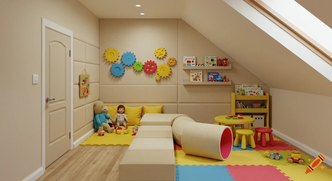 A cozy toddler playroom with a sloping ceiling, featuring colorful wall gears, a reading nook, play tunnel, and foam mats.