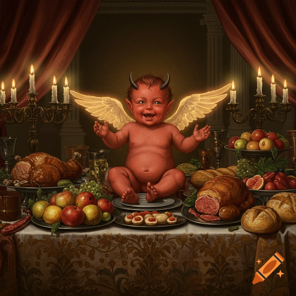 A smiling, red baby devil with golden wings sits on a table filled with a grand feast, rendered in a Renaissance painting style.