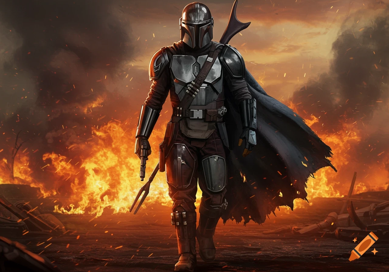 A heavily armored warrior, resembling a fusion of The Mandalorian and Punisher, walks through a fiery, smoke-filled landscape.