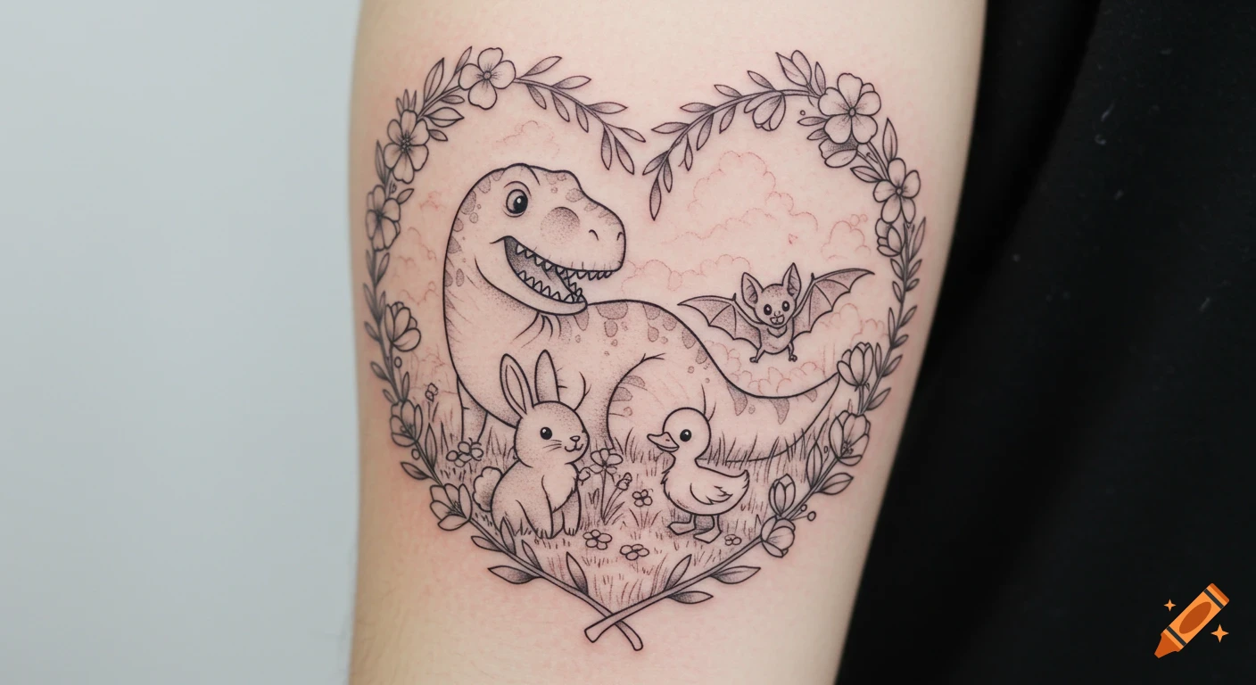 A black and white tattoo of a friendly T-Rex, bunny, duck, and bat inside a heart-shaped floral wreath on an arm.
