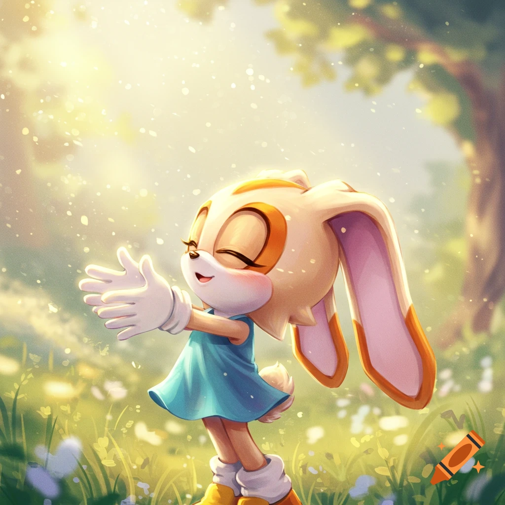 Cream the Rabbit in a blue dress, eyes closed, arms outstretched, standing happily in a sunny field with flowers, anime style.