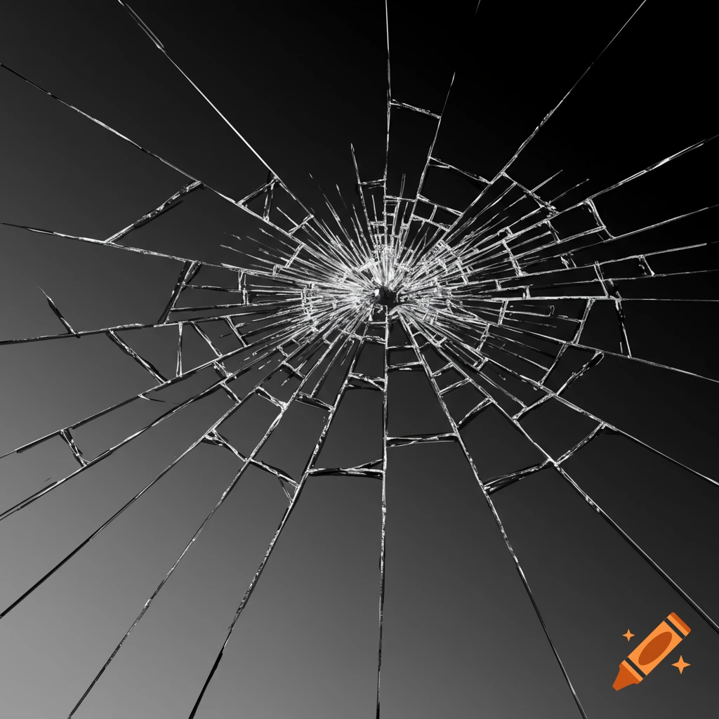 Shattered glass screen with cracks radiating from a central point, in black and white tones.