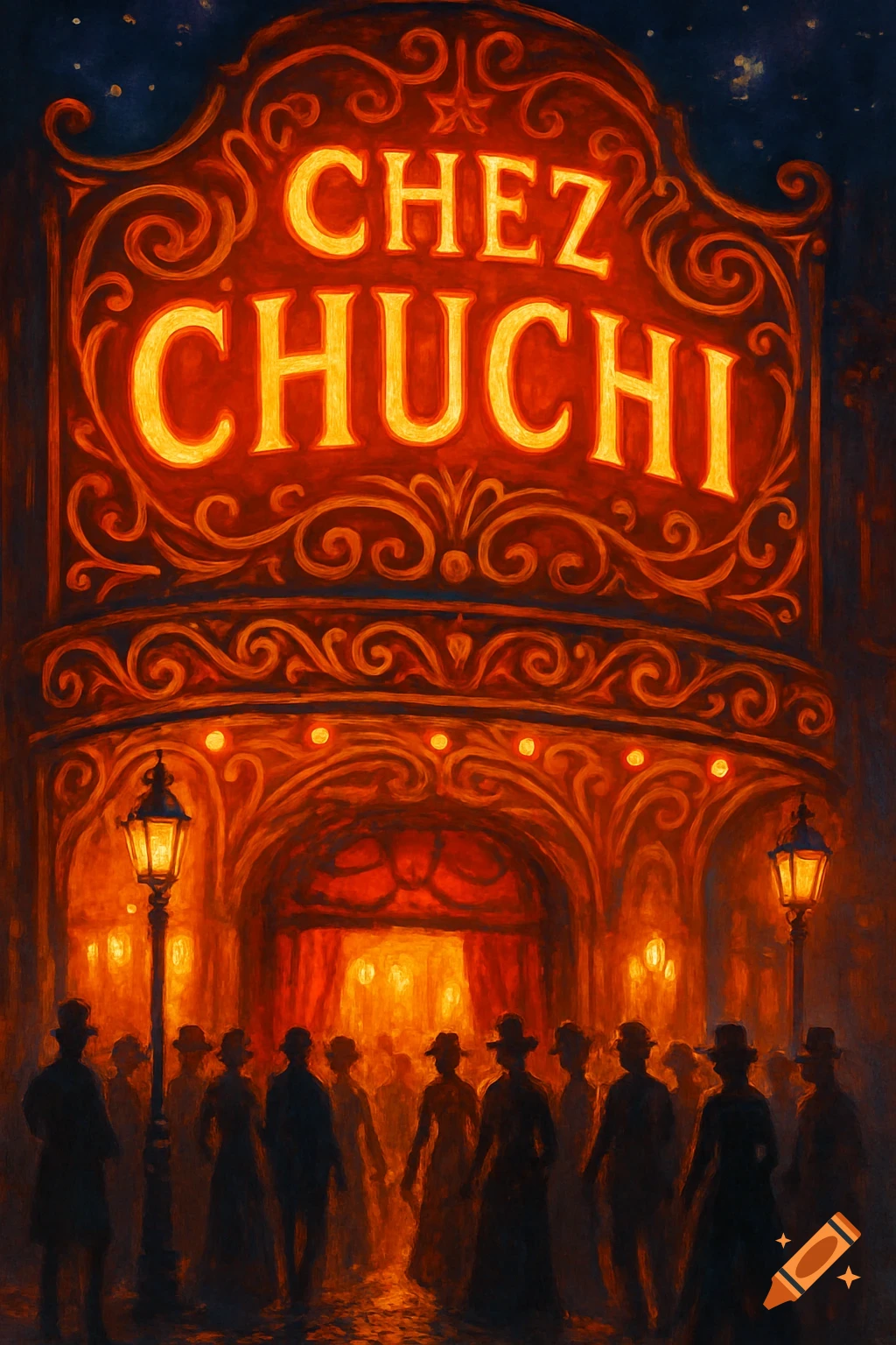 Painting of a vibrant, illuminated club marquee reading 'CHEZ CHUCHI' with silhouettes of people entering, in the style of Moulin Rouge.