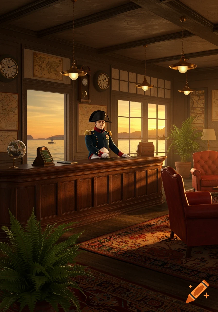 A man resembling Napoleon Bonaparte in uniform stands behind a wooden desk in a richly decorated room, looking out large windows at a sunset over a calm sea with a sailboat.