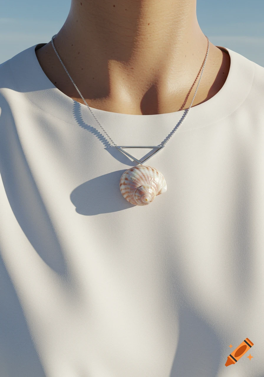 Close-up of a person wearing a white shirt and a necklace with a silver triangle pendant and a seashell.