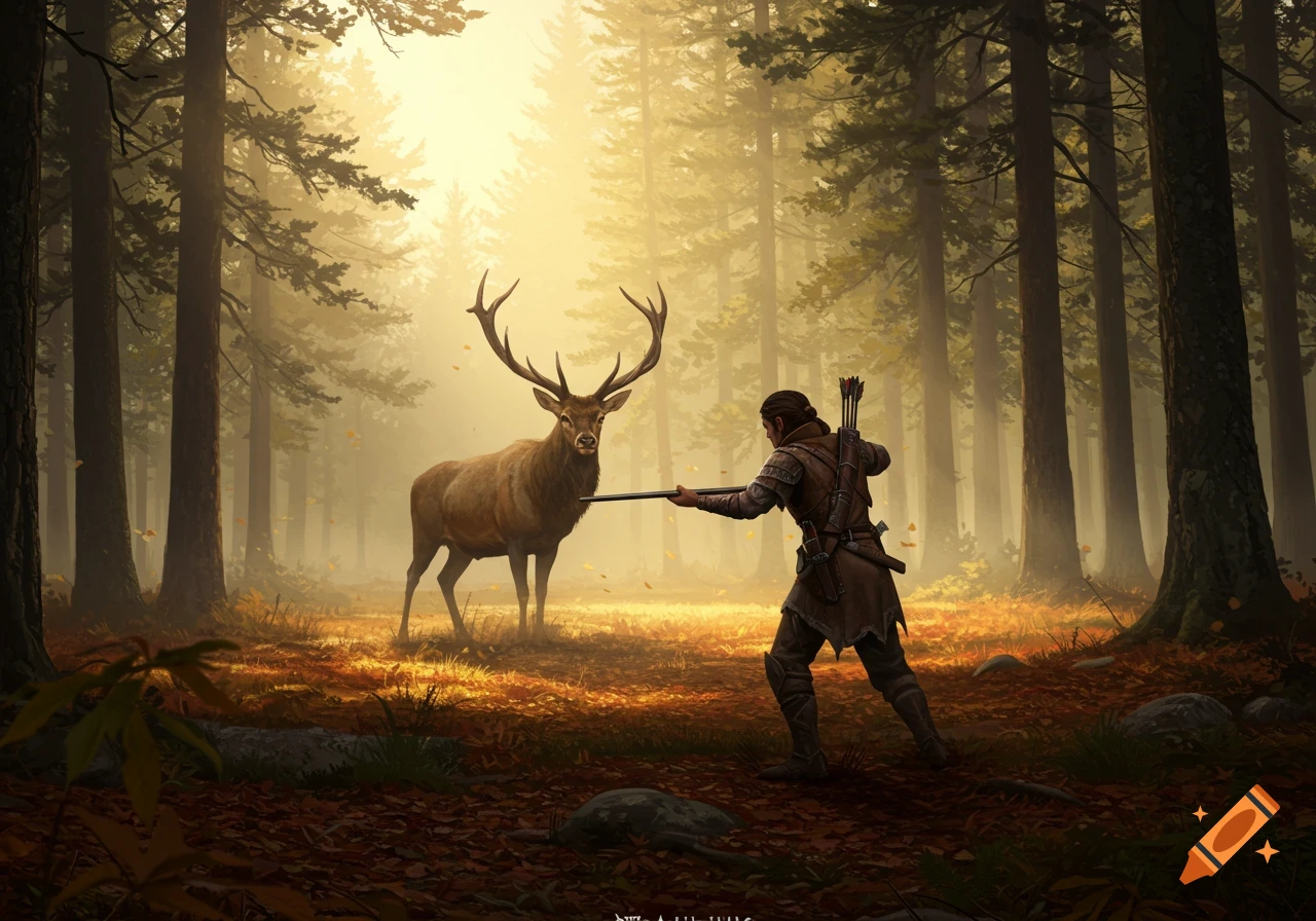 A hunter aims a spear at an elk in a sunlit, misty forest, digital art style.