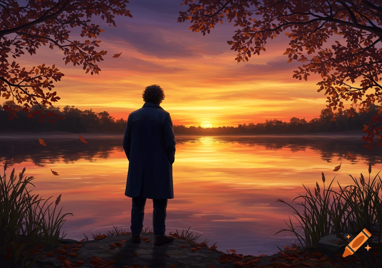 A man in a dark coat stands facing a vibrant orange and purple sunset over a calm lake, surrounded by autumn trees.