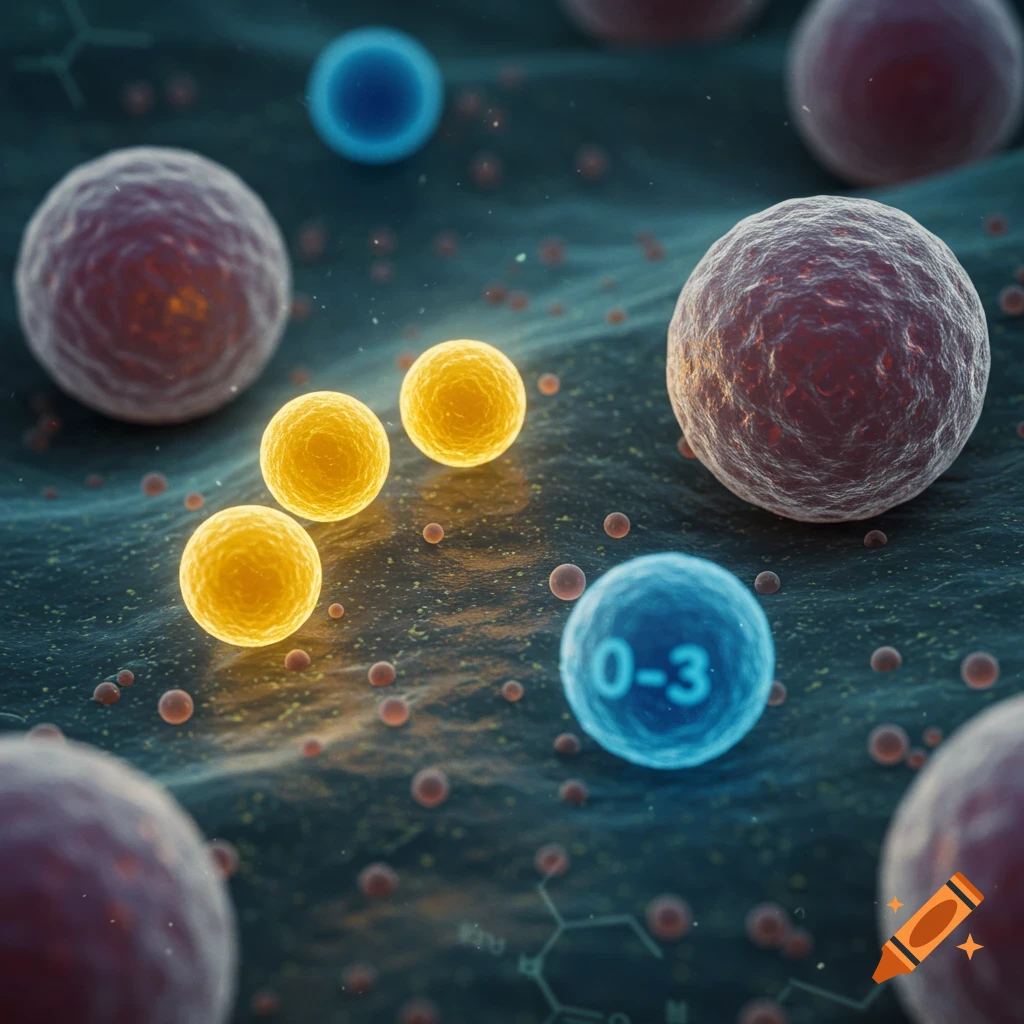 A microscopic view of various biological cells, including large red cells, smaller yellow cells, tiny red particles, and a prominent blue cell labeled "0-3," all on a textured, dark background with faint chemical structures.