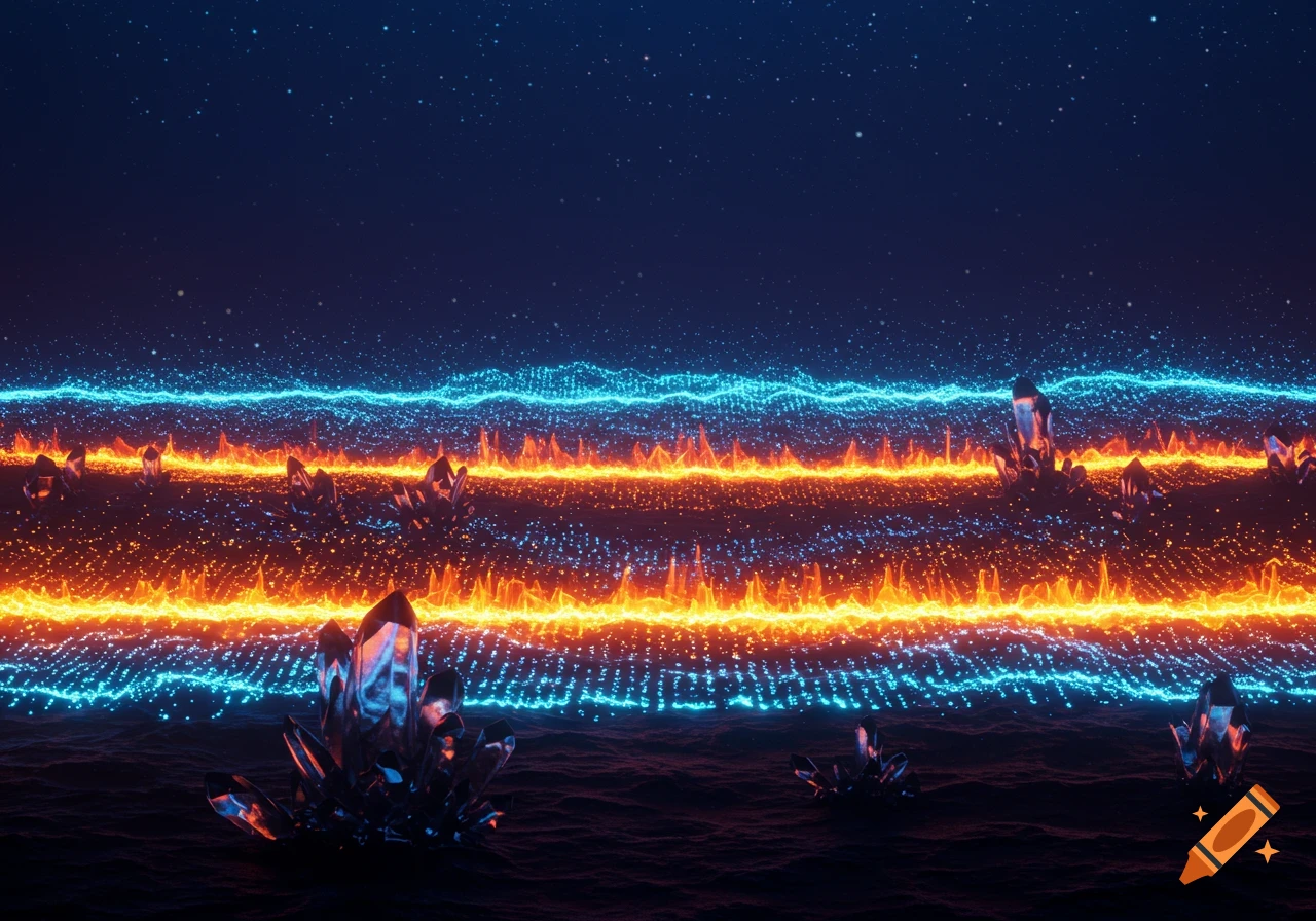 Abstract cosmic landscape with glowing blue and orange particle lines above dark crystals under a starry sky.