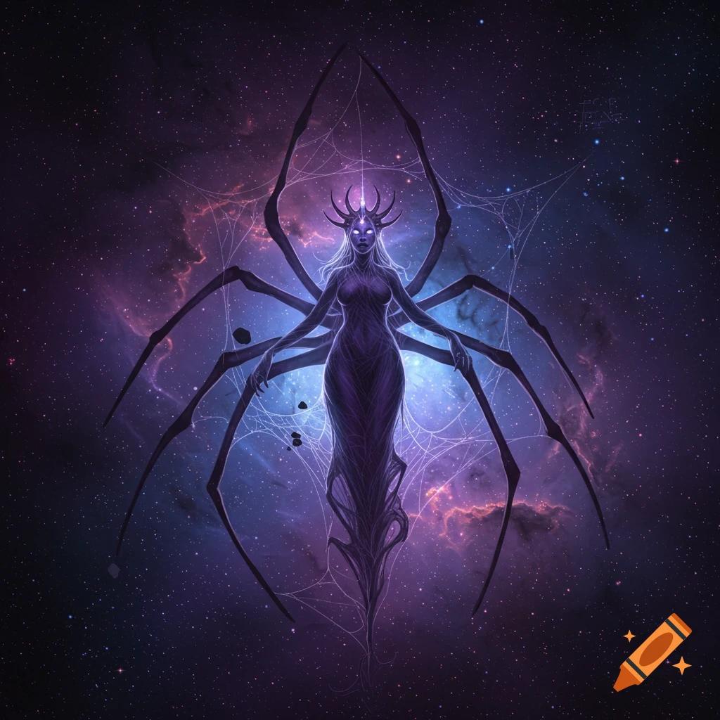 A mystical spider queen spirit with multiple arms and spidery legs stands against a vibrant purple and blue galaxy, adorned with spiderwebs.