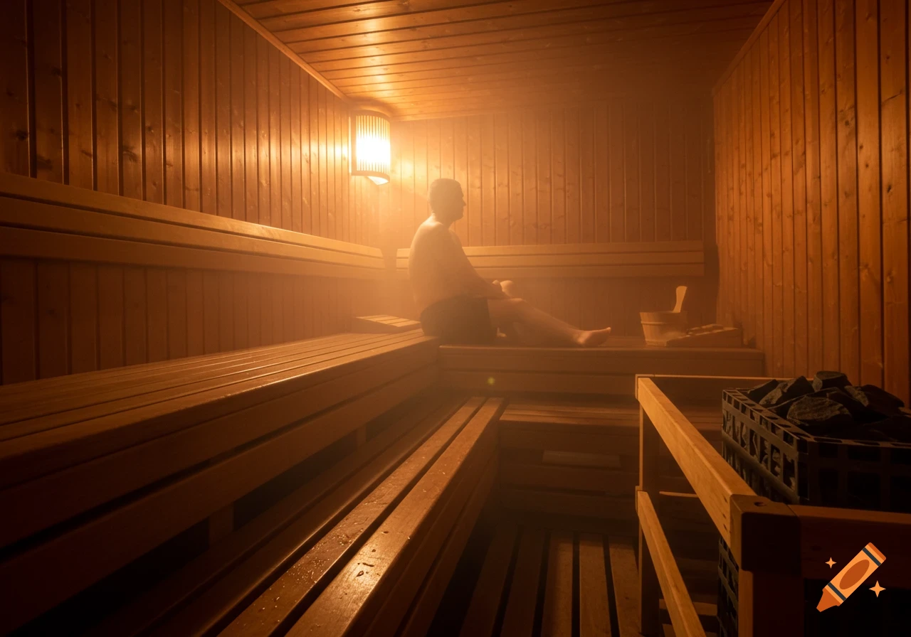 A man sits on a wooden bench inside a steamy, dimly lit sauna, illuminated by a warm glow.