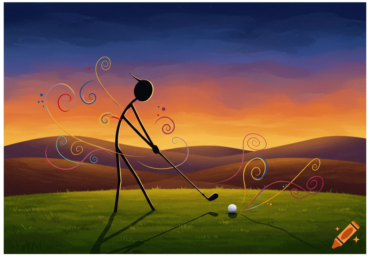 A black stick figure golfer prepares to hit a golf ball on a green course, with colorful swirling lines emanating from the ball, against a vibrant orange and blue sunset sky.