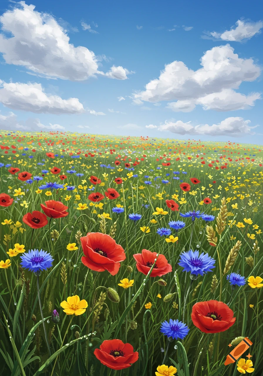 A vibrant field of red poppies, blue cornflowers, and yellow wildflowers under a clear blue sky with white clouds.
