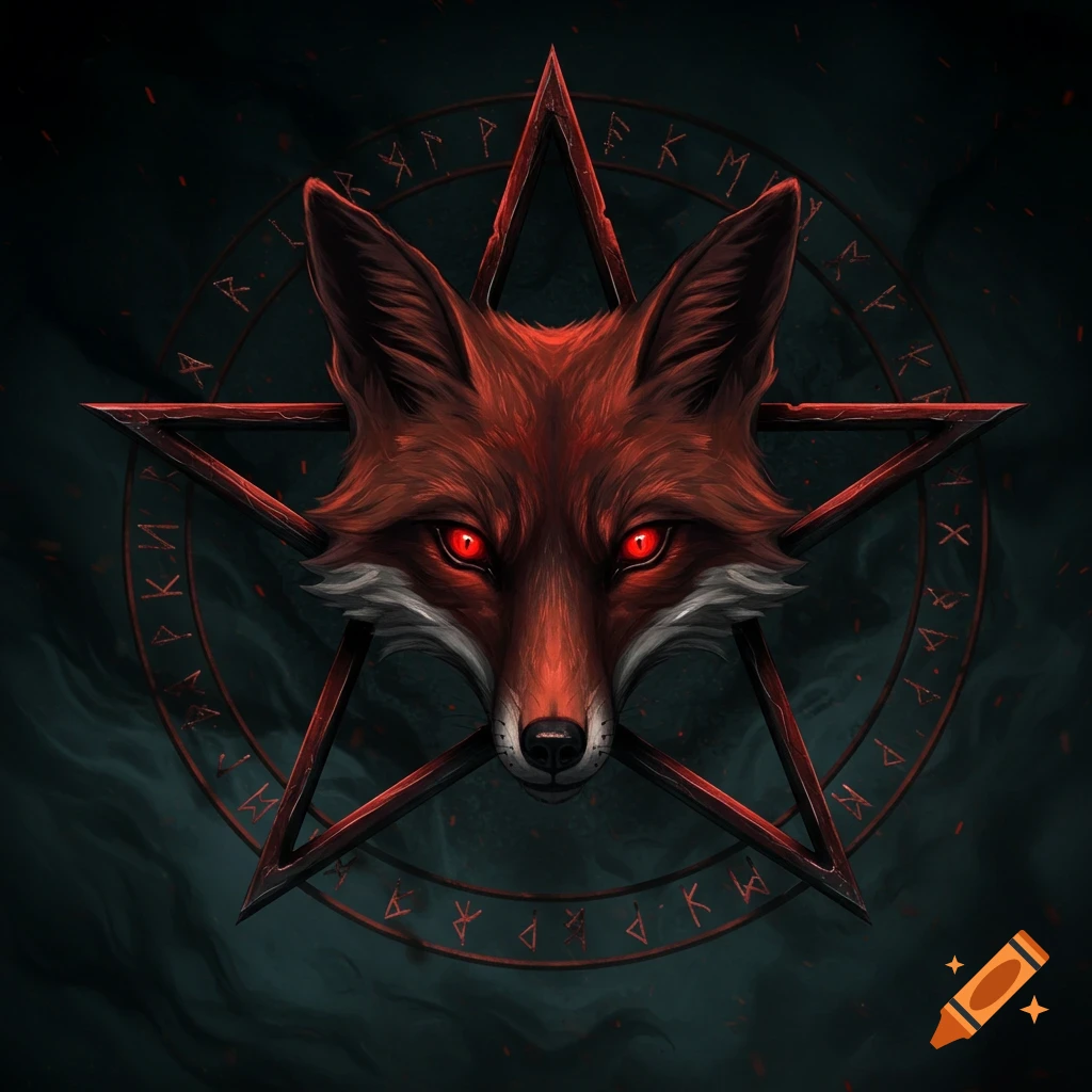 A red fox head with glowing red eyes sits within an inverted pentagram, surrounded by runes on a dark, smoky background.
