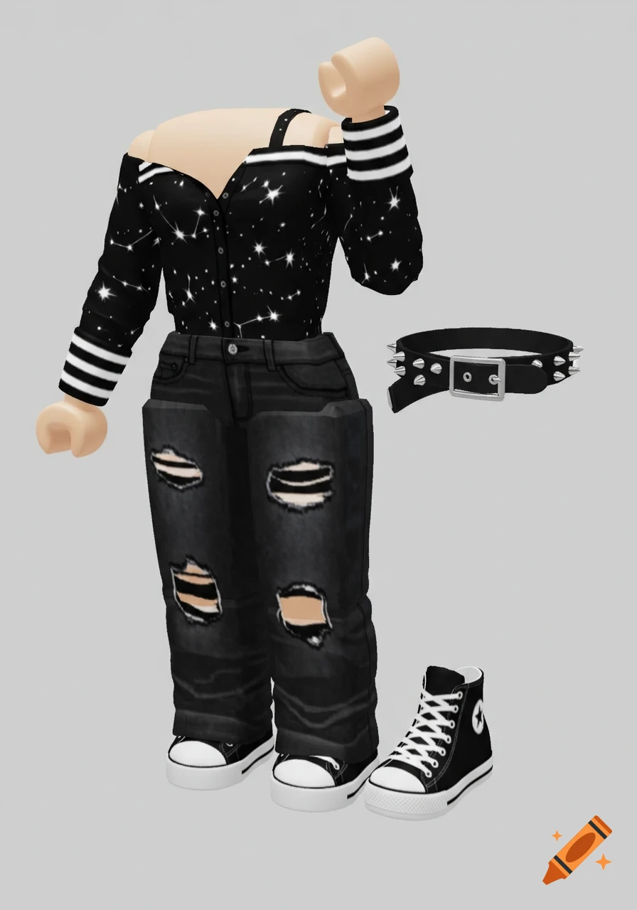 Roblox emo outfit featuring a black off-shoulder star top, ripped black jeans, a studded belt, and black and white high-top sneakers.