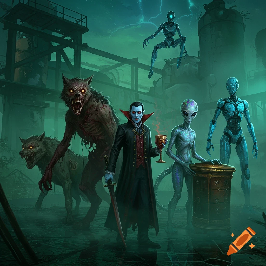 A vampire, two zombie wolves, an alien, and two robots stand in a dark, misty industrial setting under a stormy green sky, digital art.