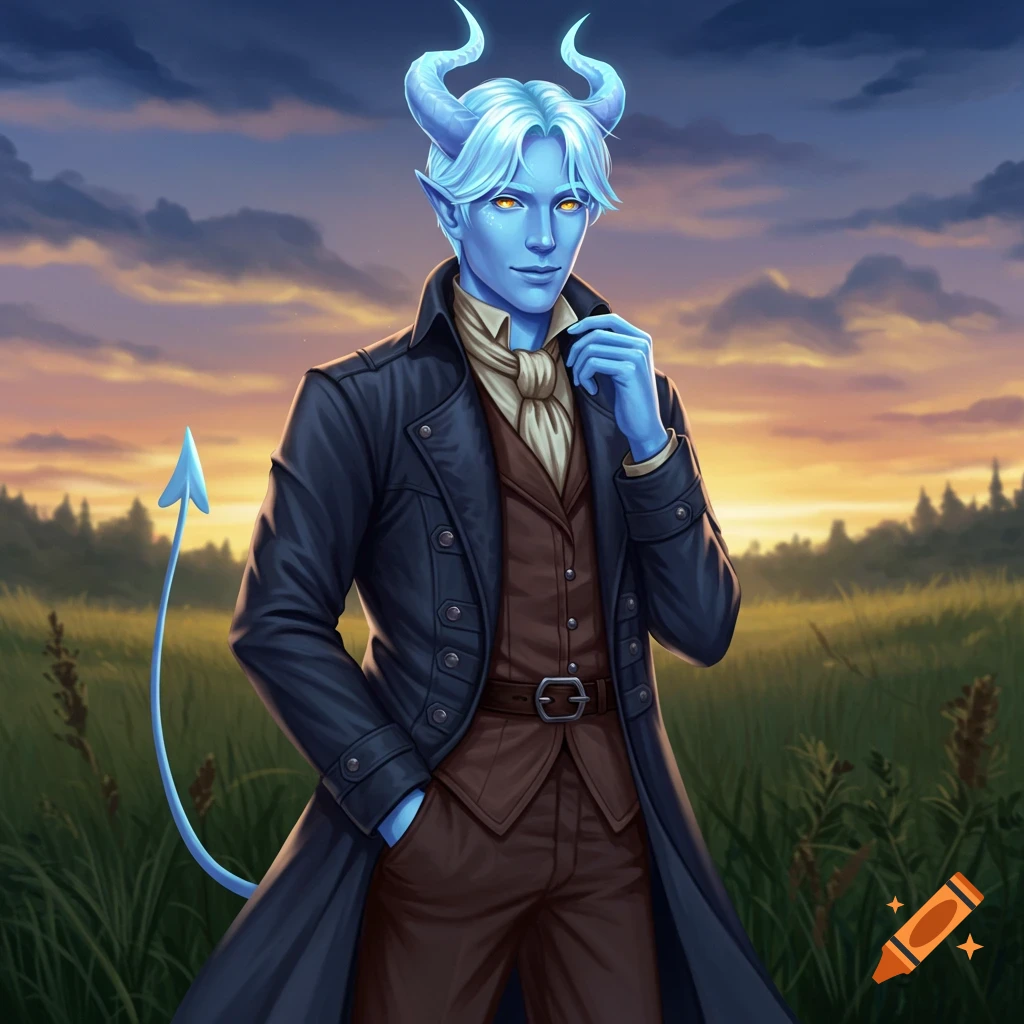 A blue-skinned character with light blue hair, horns, and a tail, wearing a dark coat and brown clothes, stands in a field at sunset.