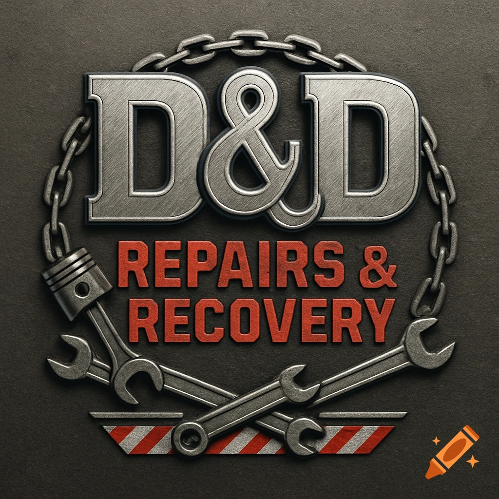 An industrial-style logo for D&D Repairs & Recovery, featuring brushed steel 'D&D' text encircled by chains, red 'REPAIRS & RECOVERY' text, a piston, wrenches, and a red and white chevron stripe.
