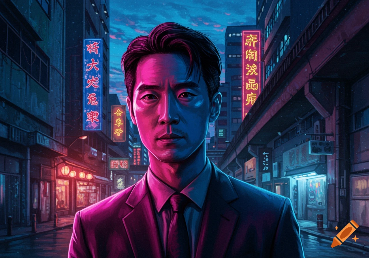 Close-up portrait of an Asian man in a suit, illuminated by vibrant pink and blue neon lights in a bustling city at night.