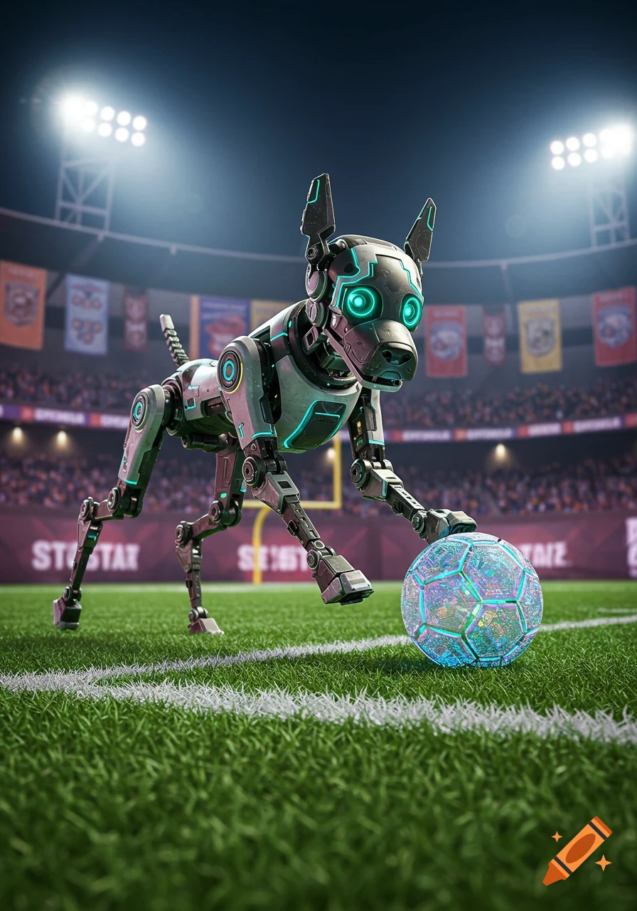 A photorealistic robot dog on a football field, poised to kick a glowing futuristic soccer ball in a stadium.