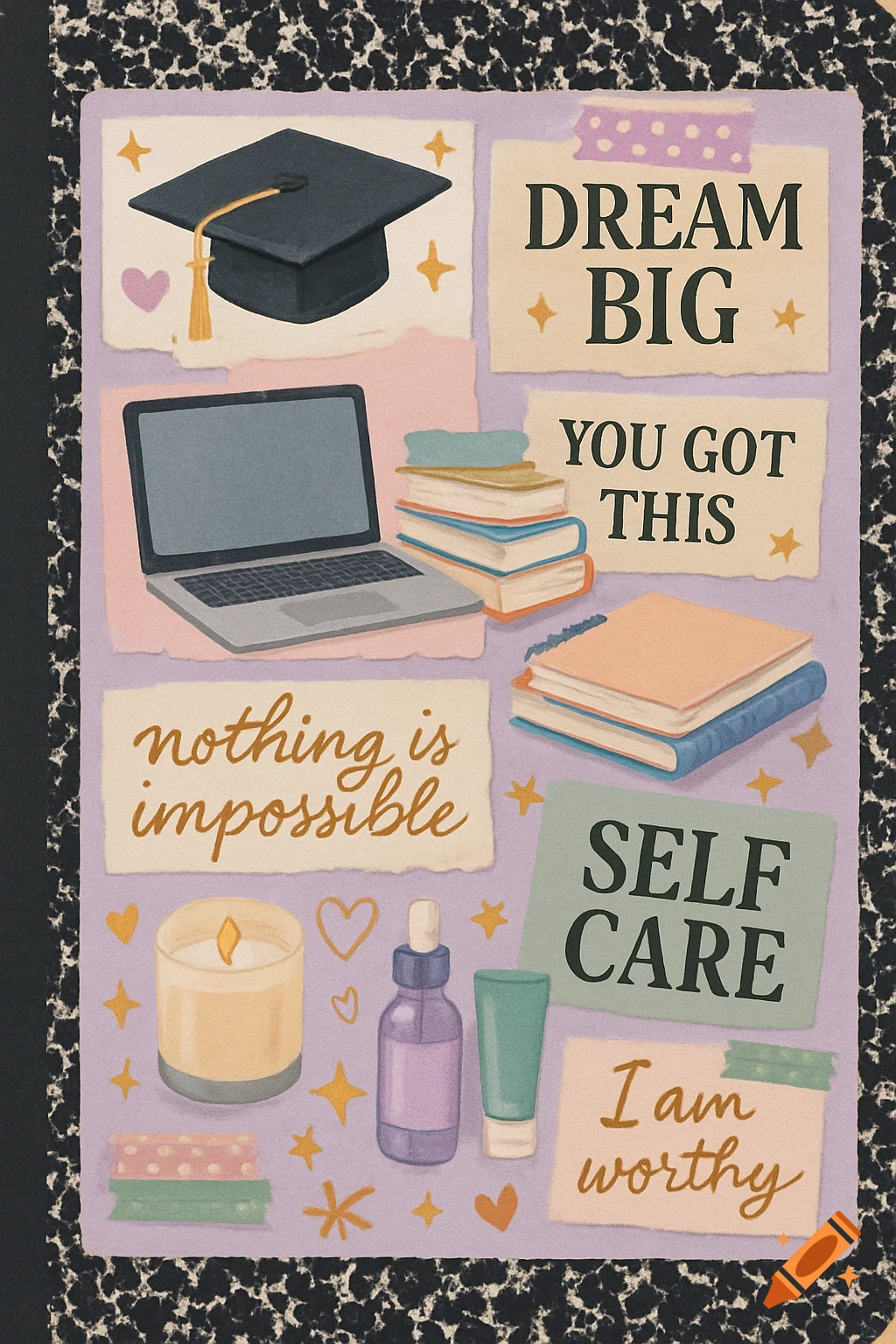 A pastel digital collage vision board on a composition notebook cover, featuring a graduation cap, laptop, books, self-care items, and motivational quotes like "DREAM BIG" and "SELF CARE".