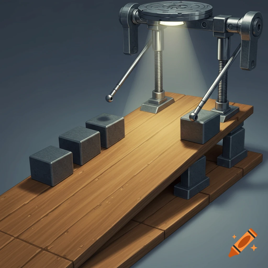 A wooden ramp with three gray blocks on the left and one block held by two steel rods and a disk on the right, under a bright light.