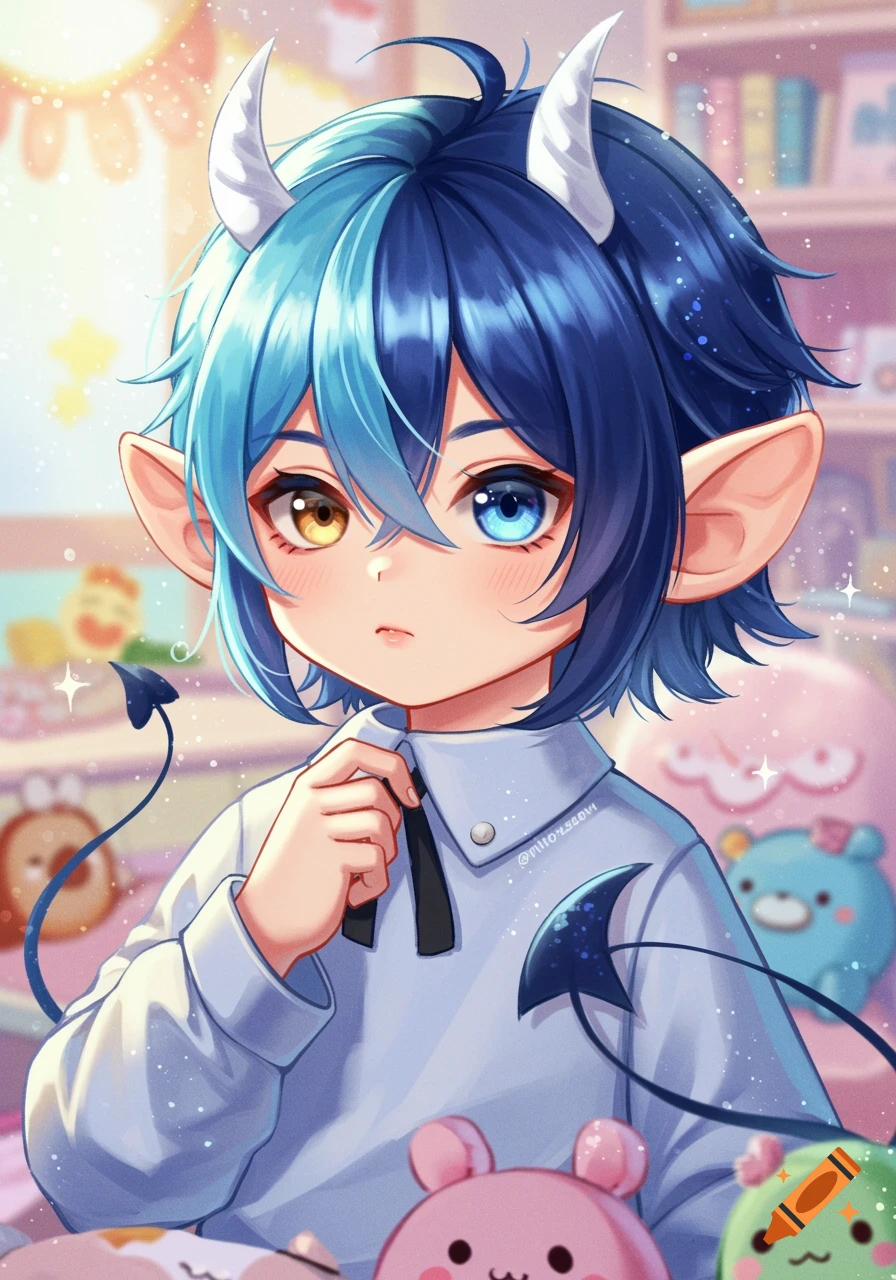 Cute anime boy with two-tone blue hair, white horns, and heterochromatic eyes, wearing a white collared shirt.