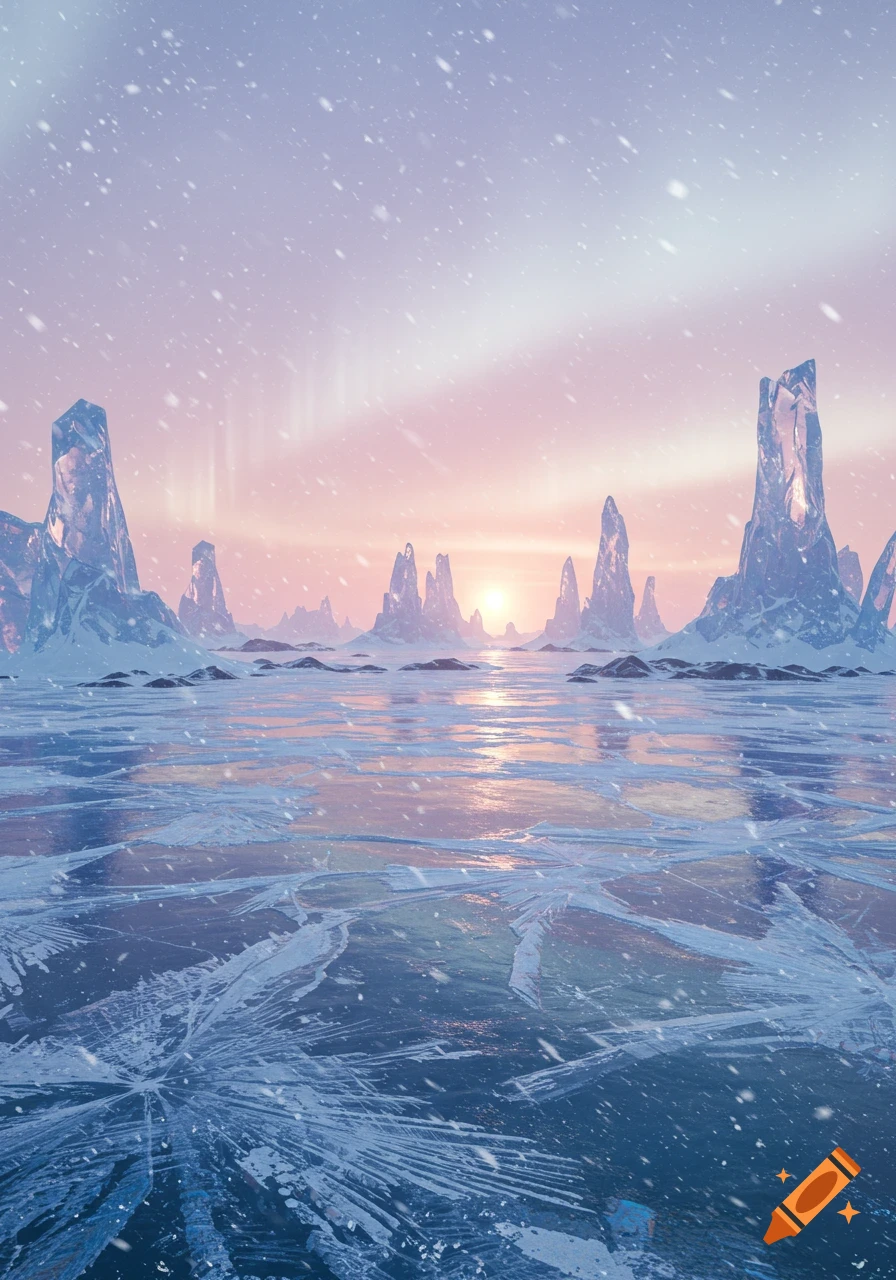A frozen landscape with jagged ice formations, a cracked icy lake, falling snow, and a vibrant sky with aurora lights.
