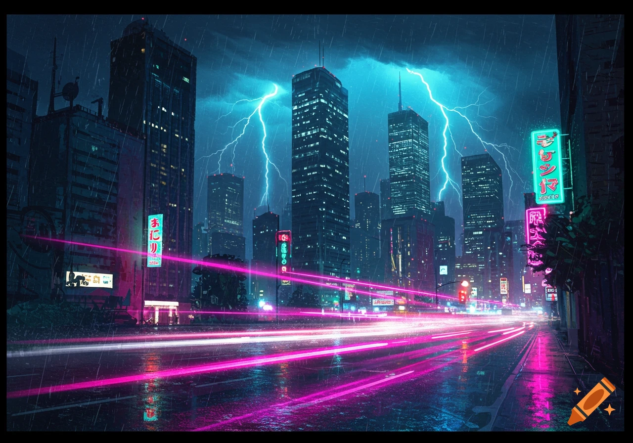 A dark, rainy cityscape at night, with bright pink and blue neon lights reflecting on the wet street, and dramatic lightning strikes illuminating the tall buildings.