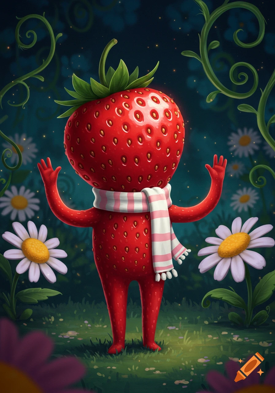 A cartoon character with a strawberry head and red body wears a pink and white striped scarf in a whimsical garden with daisies.