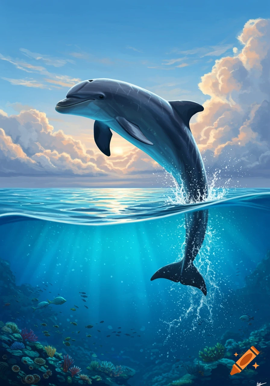 A majestic dolphin leaps from the ocean, revealing both the water's surface and a vibrant underwater coral reef with fish below.