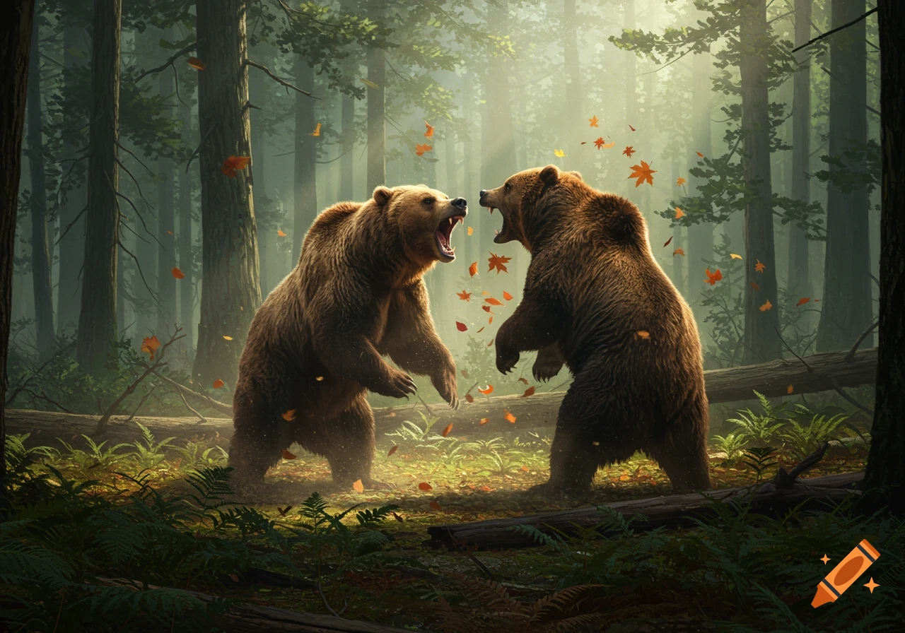 Two photorealistic grizzly bears stand on hind legs, roaring at each other in a sun-dappled forest with falling autumn leaves.