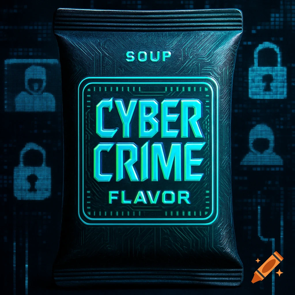 A dark, futuristic soup package with glowing blue and green text 'CYBER CRIME FLAVOR' and 'SOUP', set against a digital background with circuit patterns and security icons.