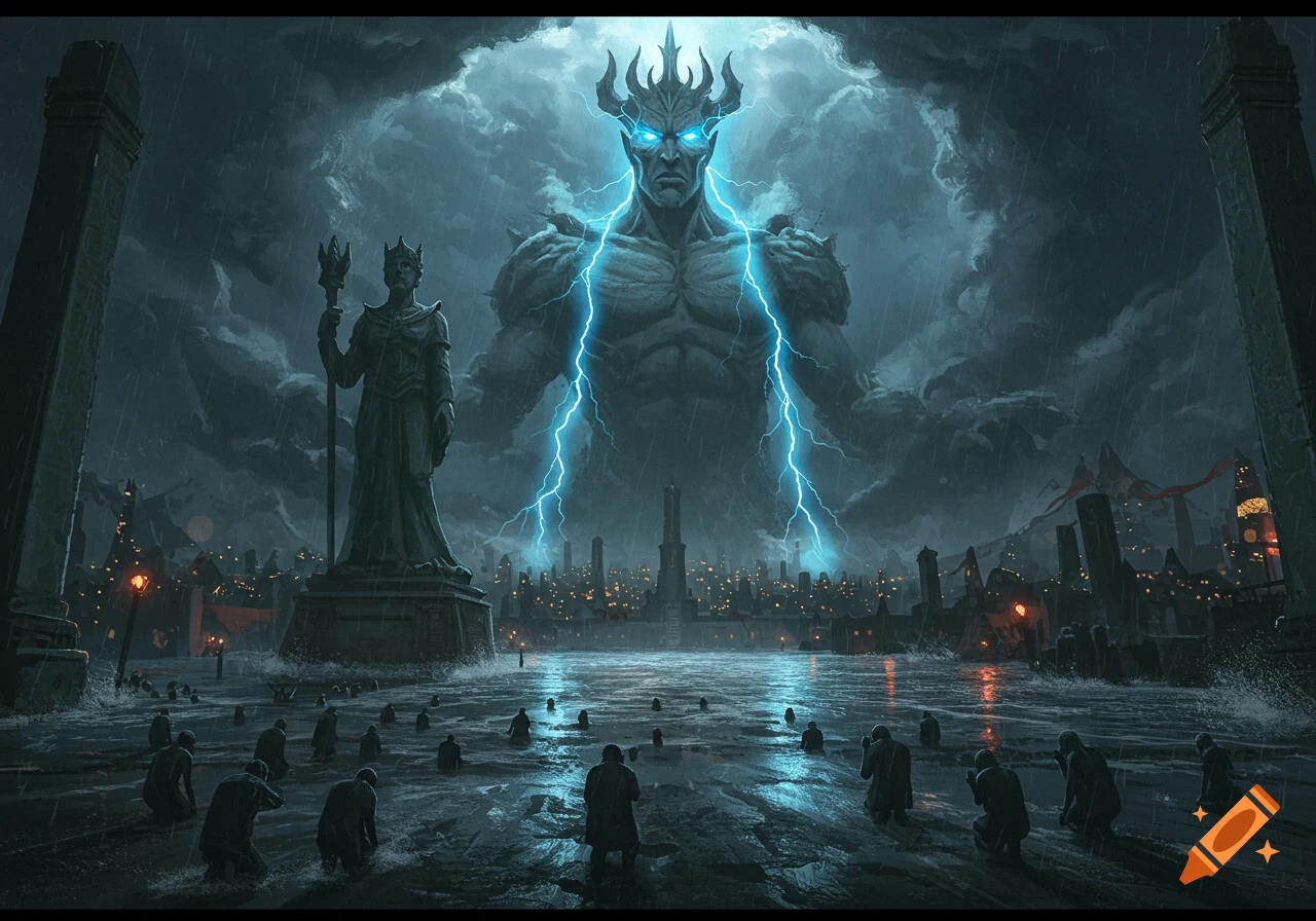 A colossal, glowing-eyed, horned storm god with lightning emerging from a stormy sky above a flooded city where people kneel.
