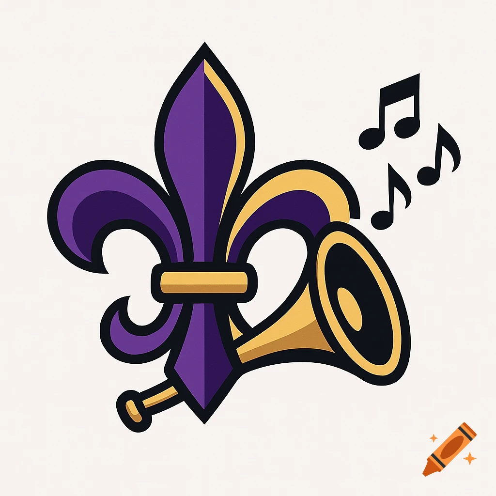 A stylized logo featuring a purple and gold Fleur-de-lis intertwined with a trumpet emitting black music notes.