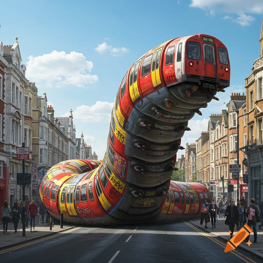 A gigantic, segmented creature resembling a London tube train winds through a busy city street under a blue sky.