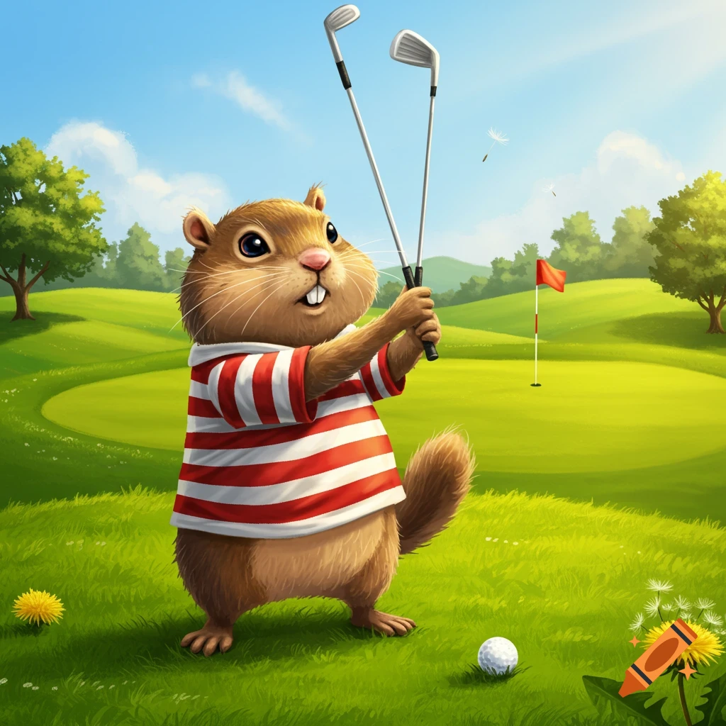 A cartoon gopher wearing a red and white striped jersey holds two golf clubs on a green golf course with a flag and a golf ball.