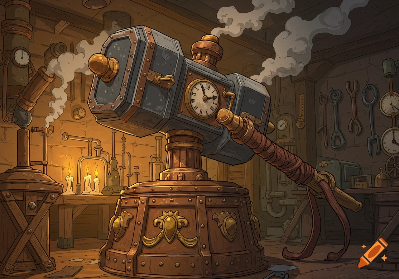 A large, ornate steampunk war hammer with a clock face, standing in a dim, cluttered workshop filled with tools and steam.