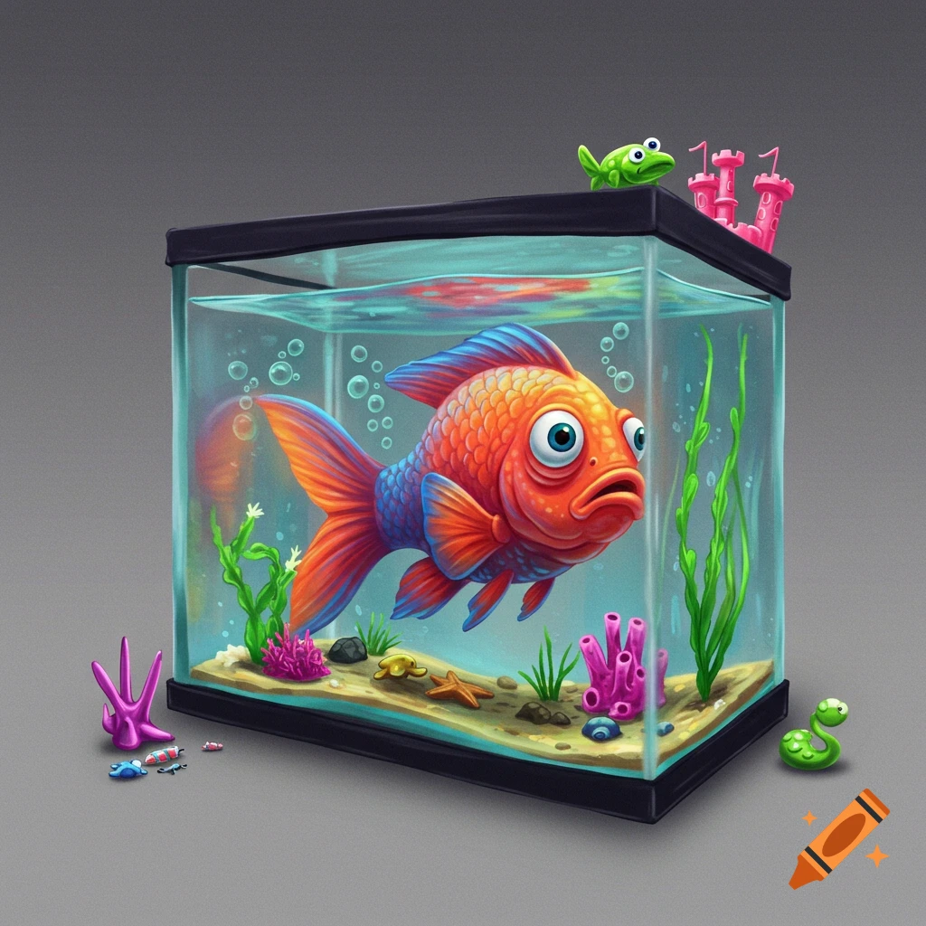 A cartoonish orange goldfish with large eyes is pressed against the glass inside a small aquarium with plants and decorations.