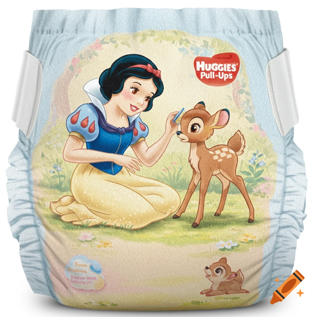 A close-up of a Huggies Pull-Ups diaper with an illustration of Snow White petting a deer and a baby deer lying down.
