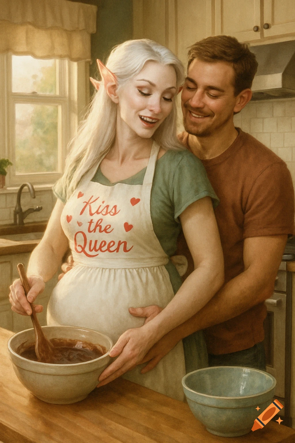 A pregnant, white-haired elven woman in an apron stirs a bowl in a kitchen while her human husband hugs her from behind.