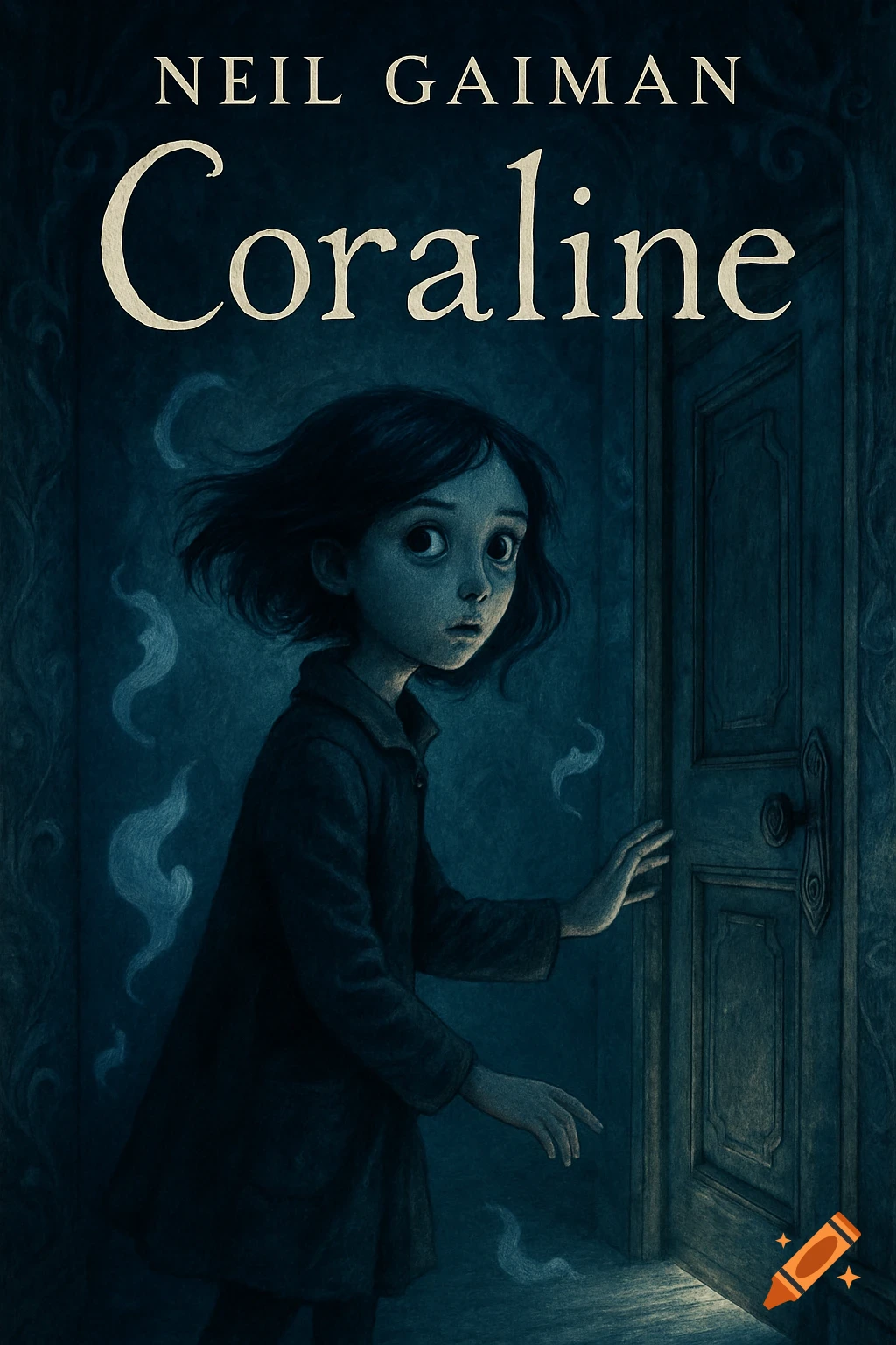 A dark, eerie illustration of a young girl with wide eyes reaching for an open door, with 'NEIL GAIMAN' and 'Coraline' text above.