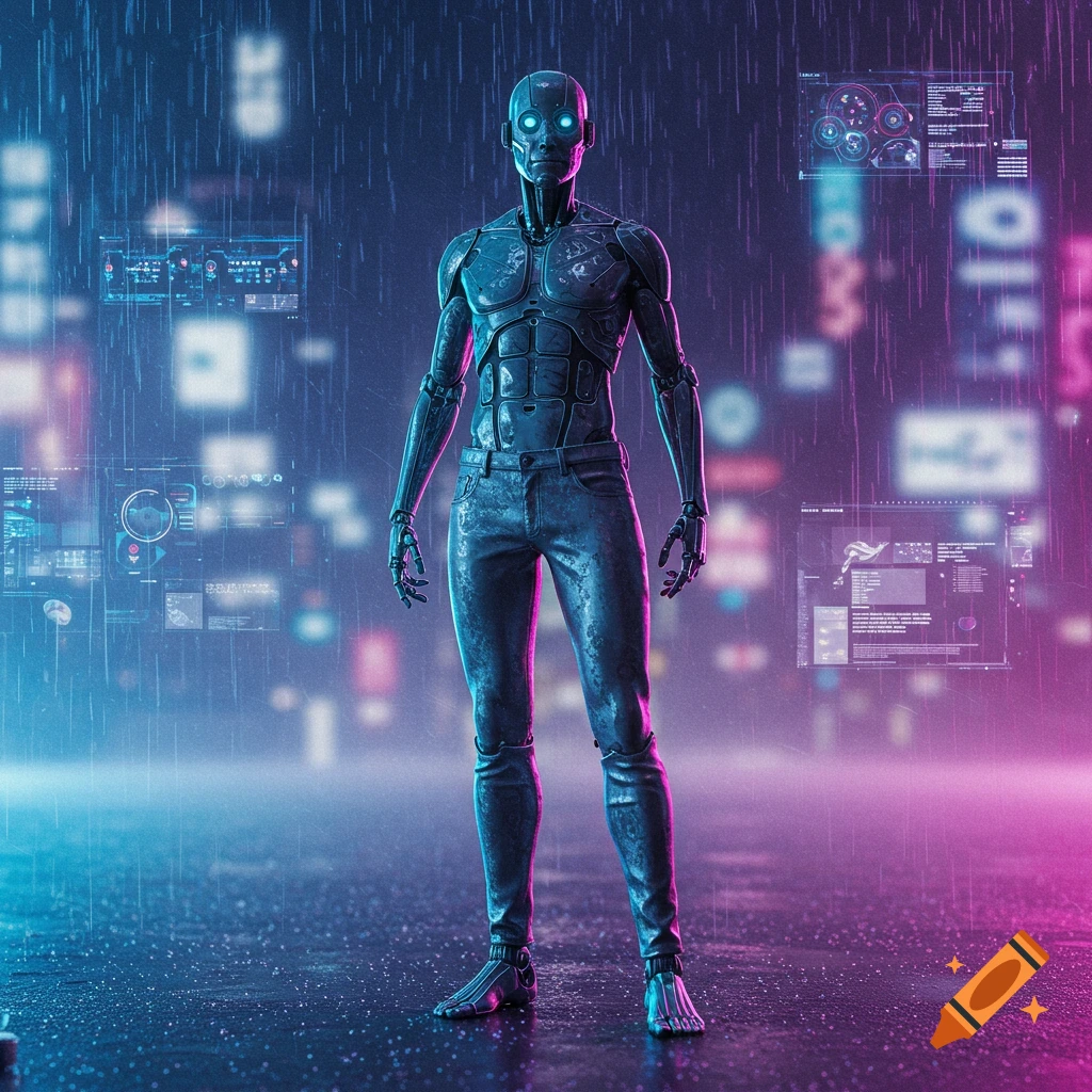 A humanoid robot wearing jeans stands in a neon-lit, rainy cyberpunk city with holographic screens in the background.