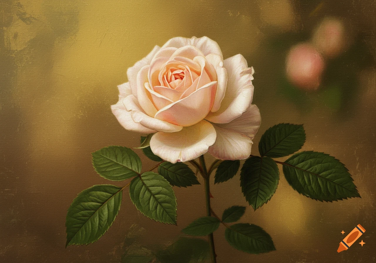 An oil painting of a light pink rose with green leaves against a dark, textured gold background.
