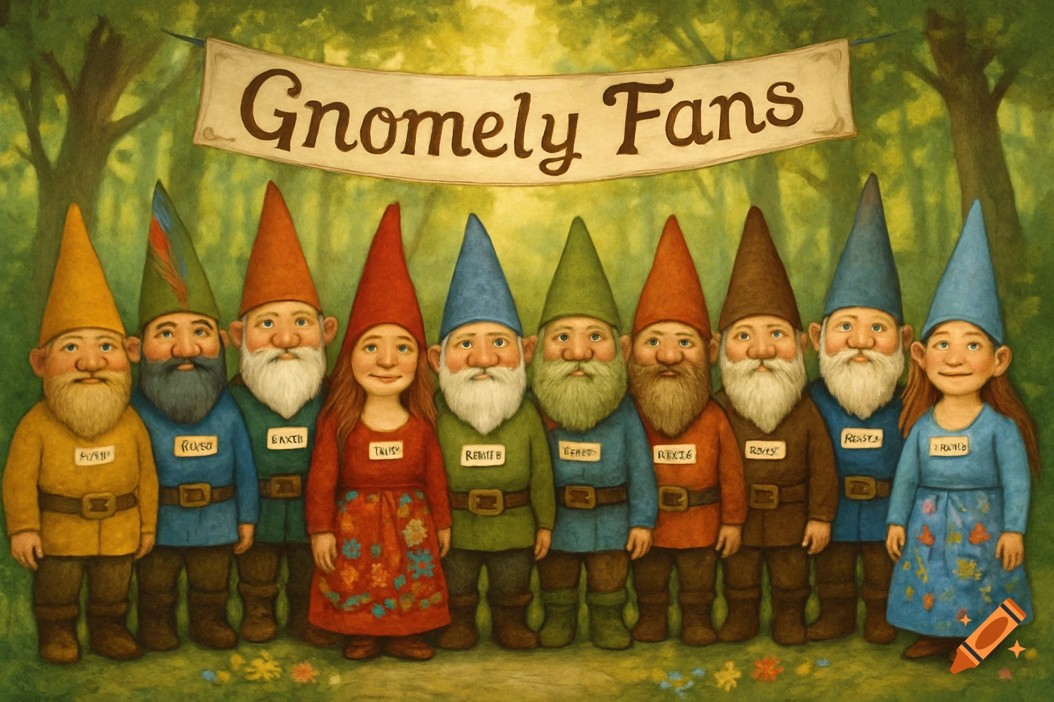 A group of ten colorful gnomes, including two female gnomes, stand in a line in a forest clearing beneath a banner that reads "Gnomely Fans."