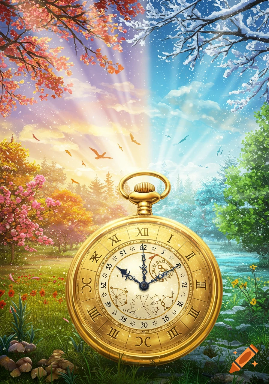 A large golden pocket watch sits in a vibrant fantasy landscape, split between autumn and spring on the left and winter on the right, with birds flying.