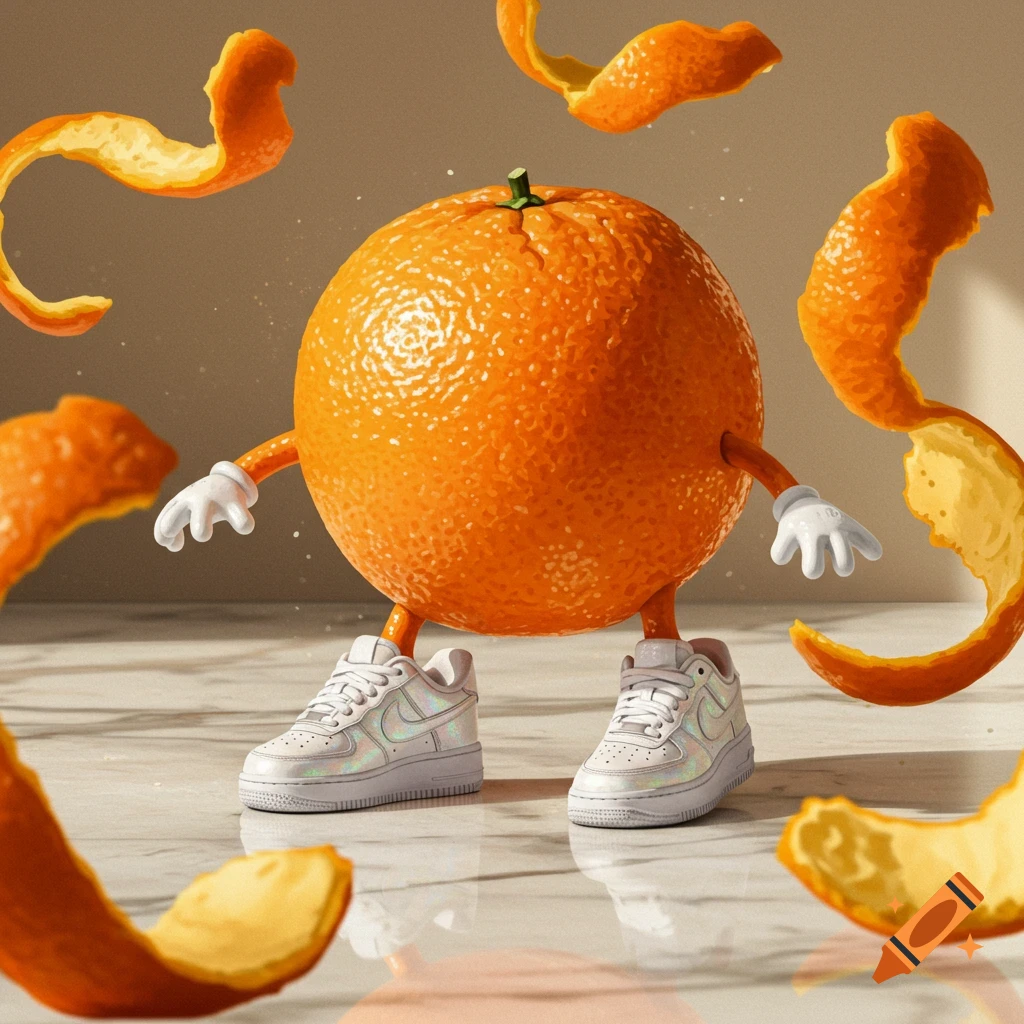 An anthropomorphic orange wearing white Nike Air Force 1 sneakers, standing on a reflective surface with orange peels floating around it.